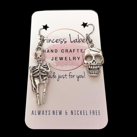 Goth themed Hand Crafted Earrings Skeleton & Skull Pendant Stainless Steel Wires - Picture 7 of 9